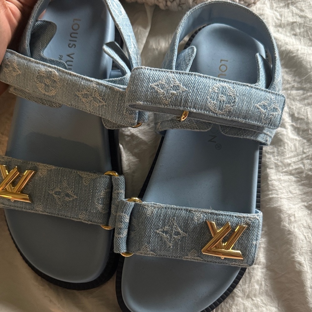 Louis Vuitton Denim Blue Sandals with Gold Accents